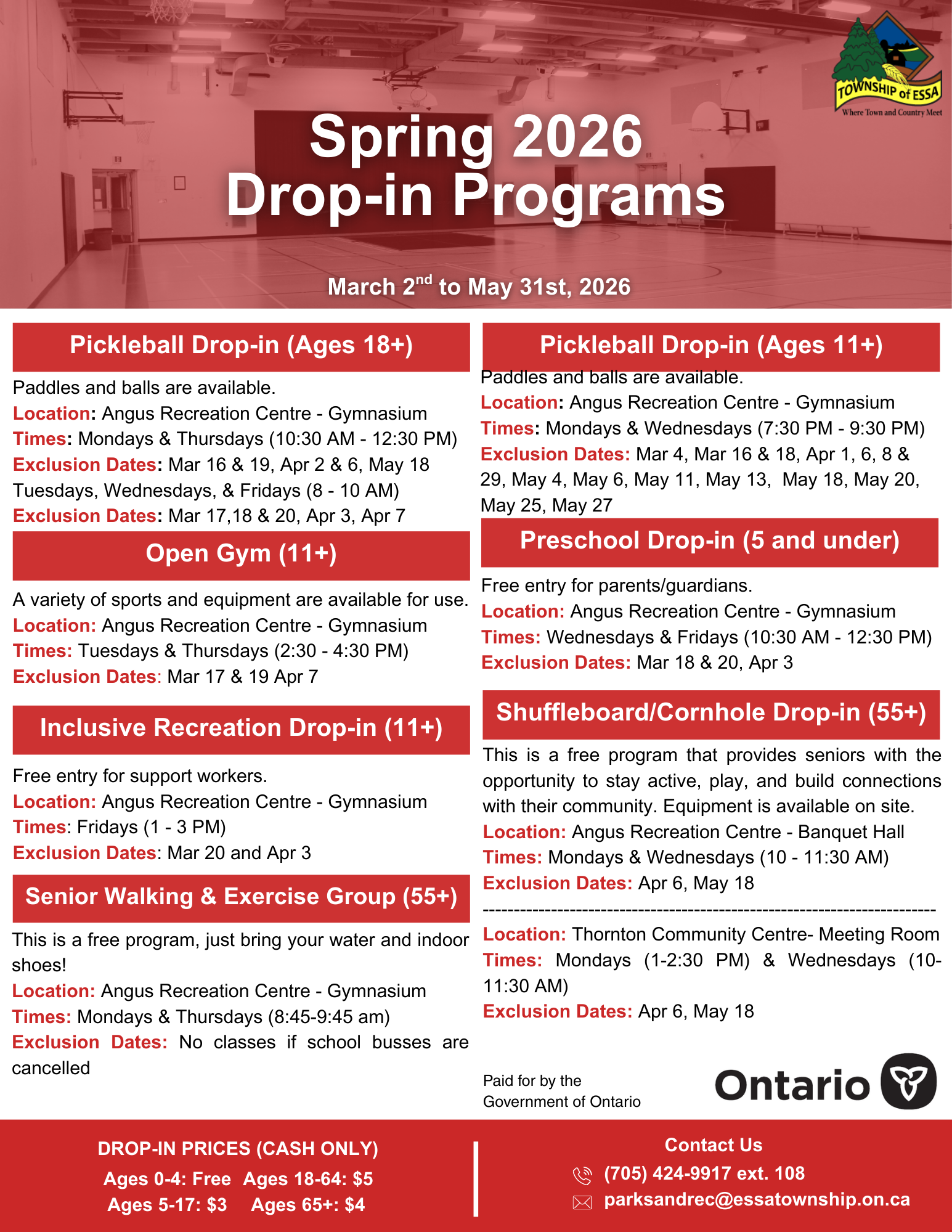 Spring Drop Ins Drop-in Programs - Essa Township
